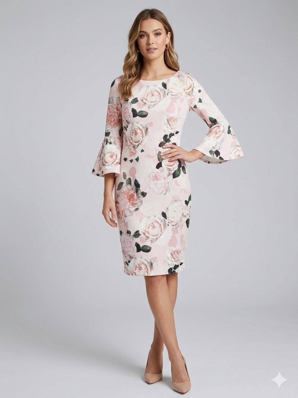 Calvin Klein Floral Bell-Sleeve Sheath Dress in Blush Pink